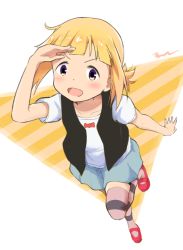 Rule 34 | 1girl, :d, aayh, arm up, black vest, blonde hair, blue skirt, blush, bow, commentary request, diagonal stripes, kise saki, looking at viewer, mitsuboshi colors, open clothes, open mouth, open vest, ponytail, purple eyes, red bow, red footwear, shading eyes, shirt, shoes, short sleeves, skirt, smile, solo, standing, standing on one leg, striped background, striped clothes, striped thighhighs, thighhighs, v-shaped eyebrows, vest, white shirt