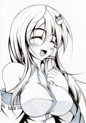 Rule 34 | 1girl, bad id, bad pixiv id, bare shoulders, blush, breasts, closed eyes, female focus, greyscale, impossible clothes, impossible shirt, kochiya sanae, large breasts, marker, monochrome, sayossa (pak-front), shirt, smile, solo, touhou, upper body