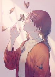 Rule 34 | 1girl, absurdres, blush, braid, brown eyes, brown hair, bug, butterfly, butterfly on nose, from side, highres, insect, jacket, kanai (nai nai), long hair, original, shirt, solo, standing, twin braids