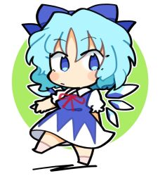 Rule 34 | 1girl, blue bow, blue dress, blue eyes, blue hair, blush stickers, bow, chibi, cirno, closed mouth, collared shirt, detached wings, dress, fairy, full body, hair bow, ice, ice wings, ini (inunabe00), shirt, short hair, short sleeves, solo, touhou, white shirt, wings