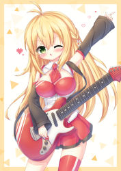 Rule 34 | 1girl, absurdres, antenna hair, arm up, bad id, bad pixiv id, black sleeves, blonde hair, blush, breasts, brown background, cleavage, collared shirt, commentary request, detached sleeves, electric guitar, green eyes, guitar, hair between eyes, hair ornament, heart, highres, holding, holding instrument, holding plectrum, index finger raised, instrument, large breasts, long hair, long sleeves, nail polish, one eye closed, outstretched arm, parted lips, pleated skirt, plectrum, red nails, red skirt, red thighhighs, shirt, single thighhigh, skirt, sleeveless, sleeveless shirt, sleeves past wrists, solo, thighhighs, tsurumaki maki, two-tone background, very long hair, voiceroid, waste (arkaura), white background, white shirt
