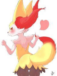 Rule 34 | 1girl, animal ear fluff, animal ears, animal nose, artist name, ass, back, black fur, blush, body fur, braixen, cowboy shot, creatures (company), female focus, fox ears, fox girl, fox tail, from behind, furry, furry female, game freak, gen 6 pokemon, half-closed eyes, hands up, heart, highres, holding own tail, looking at viewer, looking back, mizusen, nintendo, open mouth, pokemon, pokemon (creature), red eyes, signature, simple background, snout, solo, standing, tail, tail raised, white background, white fur, yellow fur