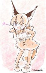 Rule 34 | 10s, 1girl, ;d, animal ears, belt, blue eyes, blush, bow, bowtie, brown bow, brown bowtie, brown gloves, brown hair, brown skirt, caracal (kemono friends), commentary, elbow gloves, extra ears, full body, gloves, hand on own hip, hand up, heart, high-waist skirt, highres, kemono friends, long hair, looking at viewer, one eye closed, open mouth, panzuban, paw pose, shirt, skirt, sleeveless, sleeveless shirt, smile, solo, spotted hair, tail, thighhighs, traditional bowtie, twitter username, white belt, zettai ryouiki
