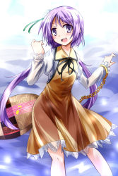 Rule 34 | 1girl, biwa lute, chain, dress, female focus, gradient background, hair ornament, hemogurobin a1c, highres, instrument, long hair, lute (instrument), musical note, open mouth, purple eyes, purple hair, smile, solo, touhou, tsukumo benben, white background