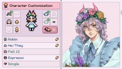 Rule 34 | 1boy, apron, blue apron, blue bow, blue bowtie, bow, bowtie, closed mouth, fields of mistria, flower, flower wreath, frilled apron, frills, game screenshot inset, grey eyes, hair between eyes, highres, horns, kitcorin, lavender (flower), male focus, medium hair, multiple views, pink flower, pink rose, player character (fields of mistria), purple flower, purple hair, purple rose, rose, smile, wavy hair, yellow flower, yellow rose