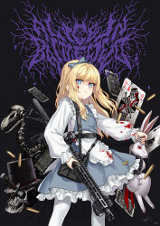 Rule 34 | 1girl, alice (alice in wonderland), alice in wonderland, apron, ar-15, black background, black dress, blonde hair, blood, blood on clothes, blood on face, blue bow, blue dress, blue eyes, bow, card, commentary, dagger, dress, english commentary, gun, highres, holding, knife, kws, looking at viewer, maid, maid apron, optical sight, playing card, rabbit, red eyes, rifle, serious, shirt, skull, solo, weapon, white apron, white shirt