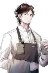 Rule 34 | 1boy, absurdres, animal ear request, animal ears, apron, arknights, barista, brown hair, character request, collared shirt, cup, facial hair, goatee, highres, holding, holding cup, key, male focus, parted bangs, shabi96522, shirt, sideways glance, solo, unfinished, upper body, white background