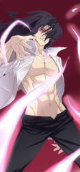 Rule 34 | 00s, 1boy, abs, bad id, bad pixiv id, black hair, fullluv, highres, long hair, male focus, melty blood, michael roa valdamjong, muscular, open clothes, open shirt, red eyes, shirt, solo, tsukihime