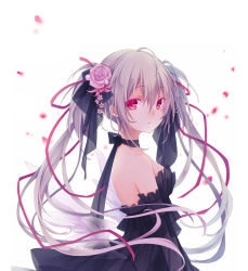 Rule 34 | 1girl, bare shoulders, black dress, breasts, choker, detached sleeves, dress, flower, frilled dress, frills, from side, grey hair, hair between eyes, hair flower, hair ornament, hair ribbon, highres, kuroi (liar-player), long hair, looking at viewer, medium breasts, original, petals, red eyes, ribbon, ribbon choker, see-through, simple background, solo, twintails, upper body, white background