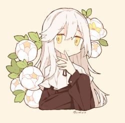 Rule 34 | 1girl, :|, beige background, brown ribbon, closed mouth, commentary, cropped torso, dated, elbow rest, expressionless, finger to face, flower, frills, grey hair, hair between eyes, hand up, head tilt, long hair, long sleeves, looking at viewer, melanbread, neck ribbon, no nose, original, puffy sleeves, ribbon, signature, simple background, solo, symbol-only commentary, tareme, upper body, very long hair, white flower, yellow eyes