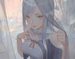 Rule 34 | 1girl, bare shoulders, breasts, choker, cleavage, closed mouth, curtains, echosdoodle, flower, grey eyes, hair ornament, long hair, looking at viewer, medium breasts, petals, quinella, silver hair, smile, solo, sword art online, sword art online: alicization, upper body