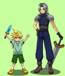Rule 34 | 2boys, aged down, armor, arms up, belt, blonde hair, blue eyes, blue pants, blue shirt, blue sweater, blush stickers, boots, brown footwear, brown gloves, cloud strife, commentary request, final fantasy, final fantasy vii, full body, gloves, green background, green eyes, green pants, grey hair, hand on own hip, holding, holding sword, holding weapon, leather belt, long hair, looking at another, looking down, low ponytail, male focus, multiple belts, multiple boys, pants, parted bangs, pauldrons, planted, planted sword, planted weapon, popochan-f, sephiroth, serious, shirt, shoulder armor, simple background, sleeveless, sleeveless sweater, sleeveless turtleneck, smile, socks, spiked hair, suspenders, sweater, sword, t-shirt, toy sword, turtleneck, turtleneck sweater, weapon, white socks, yellow footwear