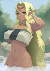 Rule 34 | 1girl, arm tattoo, blonde hair, blue sky, breasts, closed mouth, dark-skinned female, dark skin, day, fantia username, green eyes, groin, jewelry, large breasts, long hair, looking at viewer, navel, necklace, nintendo, outdoors, partially submerged, patreon username, pointy ears, putcher, sky, smile, solo, sonia (zelda), stomach, tattoo, the legend of zelda, the legend of zelda: tears of the kingdom, tiara, underboob, water, wet