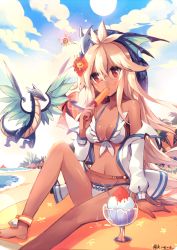 Rule 34 | 1girl, ahoge, anklet, arm support, backlighting, bad anatomy, bare shoulders, barefoot, beach, belt, bikini, blonde hair, blush, breasts, cleavage, cloud, cloudy sky, collarbone, commentary request, dark-skinned female, dark skin, day, dragon, eating, flower, food, food in mouth, granblue fantasy, hair between eyes, hair flower, hair ornament, hibiscus, holding, holding food, jacket, jewelry, kirero, long hair, looking at viewer, loose belt, navel, off shoulder, outdoors, popsicle, red eyes, shaved ice, shiny skin, sidelocks, sitting, sky, small breasts, solo, stomach, sun, swimsuit, very long hair, white bikini, white jacket, zooey (granblue fantasy), zooey (summer) (granblue fantasy)