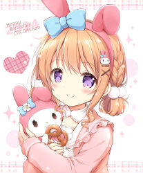 Rule 34 | 1girl, 2024, animal ears, blue bow, blush, bow, braid, brown hair, closed mouth, commentary request, crossover, ear bow, fake animal ears, food, frills, gochuumon wa usagi desu ka?, hairband, happy birthday, highres, holding, holding food, hoto cocoa, jacket, long sleeves, looking at viewer, my melody, nanase miori, onegai my melody, open clothes, open jacket, pink hairband, pink jacket, pretzel, purple eyes, rabbit ears, sailor collar, sanrio, shirt, sleeves past wrists, smile, sparkle, upper body, white background, white sailor collar, white shirt