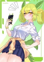 Rule 34 | 1girl, absurdres, alternate costume, breasts, clothes around waist, dragon girl, dragon horns, dragon tail, dragon wings, duel monster, green hair, gyaru, hand on own hip, highres, holding, holding phone, horns, jacket, jacket around waist, kogal, light blush, low wings, oldsickkim, parlor dragonmaid, partially unbuttoned, phone, pleated skirt, school uniform, shirt, skirt, solo, tail, white shirt, wings, yellow eyes, yellow nails, yu-gi-oh!
