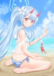 Rule 34 | 1girl, ass, beach, bikini, blue archive, blue bikini, blue sky, blush, butt crack, chise (blue archive), chise (swimsuit) (blue archive), closed mouth, cloud, cloudy sky, commentary request, crab, feet, flower, full body, hair flower, hair ornament, hand up, highres, hinosaki, horns, legs, long hair, looking at viewer, oni horns, pink eyes, ponytail, sailor collar, see-through, see-through shirt, shiny skin, shirt, side-tie bikini bottom, sidelocks, sky, sleeveless, sleeveless shirt, smile, soles, solo, striped bikini, striped clothes, swimsuit, thighs, toes, white bikini