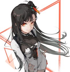 Rule 34 | 1girl, black hair, bodystocking, breasts, closed mouth, collarbone, covered navel, dress, feet out of frame, from above, girls&#039; frontline, hair ornament, hairclip, hand on own hip, highres, imoko (imonatsuki), long hair, long sleeves, looking at viewer, medium breasts, orange eyes, qbz-191 (girls&#039; frontline), side ponytail, simple background, smile, solo, standing, white dress