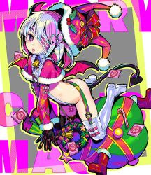 Rule 34 | 1girl, :p, asymmetrical legwear, bell, black gloves, blush, boots, candy, candy cane, capelet, christmas, christmas ornaments, commentary request, condom, condom wrapper, crotch strap, demon horns, demon tail, demon wings, dohna dohna issho ni warui koto o shiyou, eyepatch, food, full body, fur-trimmed headwear, fur trim, gift, gloves, hair ornament, halftone, hat, heart, heart hair ornament, holly, horns, medium hair, merry christmas, mismatched legwear, multicolored hair, multiple straps, onono imoko, pink eyes, porno (dohna dohna), red capelet, red hat, revealing clothes, ribbon, sack, santa boots, santa costume, santa hat, silver hair, solo, strap, tail, thigh boots, thighhighs, tongue, tongue out, wings