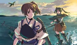 Rule 34 | 10s, 2girls, aircraft, armor, armored boots, arrow (projectile), blue hakama, boots, bow (weapon), brown eyes, brown hair, brown hakama, camouflage, closed mouth, cloud, commentary request, day, eye contact, flight deck, gloves, green eyes, green hair, grey hair, hair between eyes, hakama, hakama short skirt, hakama skirt, japanese clothes, kaga (kancolle), kantai collection, kimono, long hair, looking at another, machinery, mast, multiple girls, muneate, ocean, open mouth, partially fingerless gloves, partly fingerless gloves, quiver, reaching, reaching towards viewer, remodel (kantai collection), rigging, shaded face, side ponytail, skirt, sky, smile, splashing, sunset, tasuki, tsuta no ha, twintails, water, weapon, white kimono, yugake, zuikaku (kancolle)