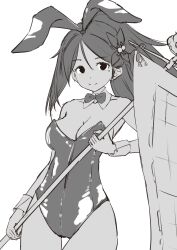 Rule 34 | 1girl, absurdres, alternate costume, amagi (kancolle), animal ears, bow, bowtie, breasts, cleavage, detached collar, flag, greyscale, highres, kantai collection, leotard, medium breasts, monochrome, neve (morris-minicooper), playboy bunny, ponytail, rabbit ears, smile, solo, wrist cuffs