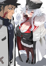 Rule 34 | 1boy, 1girl, absurdres, azur lane, black gloves, blush, bra, bra peek, breasts, burn scar, buttons, candy, cape, chocolate, chocolate heart, cleavage, cloak, commander (azur lane), cross, crossed bangs, double-breasted, food, food in mouth, fur-trimmed cape, fur trim, gloves, graf zeppelin (azur lane), hat, heart, hey taisyou, highres, holding, holding chocolate, holding food, iron cross, large breasts, long hair, mature male, military, military hat, military uniform, miniskirt, mouth hold, muscular, muscular male, pantyhose, peaked cap, pleated skirt, purple eyes, scar, scar across eye, scar on face, silver hair, skirt, underwear, uniform, valentine, very long hair, white cloak, white skirt