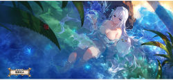 Rule 34 | 1girl, animal, azur lane, bird, black flower, blue eyes, breasts, bug, chinese text, cleavage, flower, from above, hair between eyes, hair flower, hair ornament, hand up, highres, illustrious (azur lane), insect, ladybug, large breasts, leaf, long hair, looking at viewer, nude, outdoors, owl, partially submerged, signature, sitting, smile, solo, swd3e2, translation request, very long hair, water, wet, wet hair, white hair, wristband