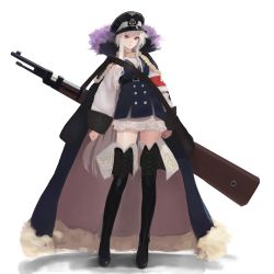 Rule 34 | 1girl, absurdres, bad id, bad pixiv id, belt, black footwear, black hat, black skirt, bolt action, boots, braid, breasts, cleavage, closed mouth, french braid, fur trim, girls&#039; frontline, gun, hair between eyes, hat, highres, j3j0j1, jacket, jacket on shoulders, kar98k (girls&#039; frontline), long hair, long sleeves, looking at viewer, mauser 98, peaked cap, red eyes, rifle, simple background, skirt, smile, solo, thigh boots, thighhighs, very long hair, weapon, white background, white hair