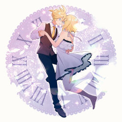 Rule 34 | 1boy, 1girl, adolescence (vocaloid), adolescent knight (module), adolescent princess (module), ahoge, bare arms, bare legs, bare shoulders, barefoot, black footwear, black pants, blonde hair, blue eyes, camisole, clock, collared shirt, dancing, eye contact, face-to-face, floating, frilled camisole, frills, hair ornament, hairclip, hand on another&#039;s back, hand on another&#039;s waist, highres, holding hands, kagamine len, kagamine rin, leg up, light particles, looking at another, necktie, pants, project diva (series), roman numeral, shirt, shoes, short ponytail, shoulder blades, sleeveless blazer, spaghetti strap, sparkle, suzumi (fallxalice), swept bangs, vocaloid, white camisole, white shirt, yellow necktie