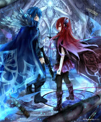 Rule 34 | 1boy, 1girl, absurdres, blue eyes, blue hair, boots, butterfly hair ornament, cape, erza scarlet, facial mark, fairy tail, gun, hair ornament, handgun, highres, holding, jellal fernandes, long hair, looking at viewer, md5 mismatch, red eyes, red hair, resolution mismatch, rifle, sanae (jomill04), source smaller, weapon