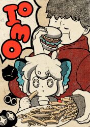 Rule 34 | 2boys, animal ears, black hair, burger, cat boy, cat ears, da shuang (the legend of luoxiaohei), eating, food, french fries, hair over eyes, halftone, heixiu, highres, holding, holding burger, holding food, hood, hood down, hoodie, itrqv, luo xiaohei, luo xiaohei (human), luo xiaohei zhanji, mole, mole under eye, multiple boys, plate, red hoodie, short hair, upper body, white hair