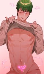 Rule 34 | 1boy, blush, clothes lift, demon tail, glasses, gradient background, green hair, groin, heart, heart-shaped pupils, highres, kuroko no basuke, lifted by self, male focus, midorima shintarou, moisama, navel, nipples, out-of-frame censoring, pubic tattoo, shirt lift, short hair, solo, symbol-shaped pupils, tail, tattoo