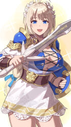 Rule 34 | 1girl, antenna hair, armor, armored dress, blonde hair, blue eyes, braid, breasts, cleavage, greek text, hair between eyes, highres, holding, holding shield, large breasts, laurel crown, long hair, looking at viewer, low-tied long hair, open mouth, shield, shoulder pads, single braid, skirt, solo, sophitia alexandra, soul calibur, sparkle, sword, very long hair, weapon, yagi2013, yellow background