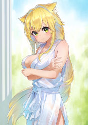 Rule 34 | 1girl, absurdres, animal ear fluff, animal ears, arms under breasts, bare shoulders, blonde hair, blush, braid, breast hold, breasts, cat ears, cat girl, cleavage, closed mouth, collarbone, commentary request, cowboy shot, crossed arms, day, dress, eyelashes, green eyes, hair intakes, hatsuga (dmaigmai), head tilt, highres, huge filesize, large breasts, legs together, long hair, looking at viewer, original, outdoors, sidelocks, sleeveless, sleeveless dress, smile, solo, standing, twin braids, very long hair, wet, wet clothes, wet dress, wet hair, white dress