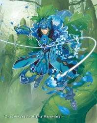 Rule 34 | 10s, 1boy, armor, armored boots, blue eyes, boots, cardfight!! vanguard, company name, flower, gloves, green hair, helmet, knight of transience maredream, leaf, male focus, nature, official art, petals, saitou takeo, solo, tree