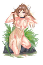 Rule 34 | 1girl, :o, absurdres, alternate costume, animal ears, arknights, armpits, arms up, blush, breasts, brown hair, cleavage, collar, dress, eyjafjalla (arknights), goat ears, goat horns, grass, groin, hands in hair, highres, horns, infection monitor (arknights), katyusha (2327119280), leg up, long hair, looking at viewer, medium breasts, no panties, open mouth, revealing clothes, rock, simple background, sitting, sleeveless, sleeveless dress, soaking feet, solo, water, wet, wet clothes, wet dress, white background, yellow dress