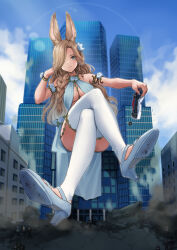 Rule 34 | 1girl, absurdres, animal ears, arm support, blue dress, blue eyes, blue footwear, blue sky, braid, breasts, brown hair, city, cloud, cloudy sky, commission, crossed legs, day, dress, flower, foreshortening, full body, giant, giantess, hair over one eye, head rest, high heels, highres, holding, leaning to the side, legs, long hair, looking at viewer, medium breasts, original, outdoors, parted bangs, rabbit ears, rabbit girl, rubble, sahara1127, sitting, skeb commission, sky, sleeveless, solo, thighhighs, thighs, underboob, white thighhighs