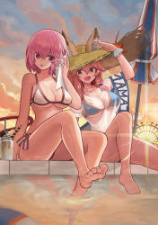 Rule 34 | 2girls, absurdres, animal ear fluff, animal ears, bare shoulders, barefoot, bikini, bikini under clothes, blue bikini, breasts, cleavage, collarbone, cup, drinking straw, ears through headwear, fate/grand order, fate (series), feet, ferris wheel, fox ears, fox girl, fox tail, hair over one eye, hat, highres, large breasts, legs, lens flare, light purple hair, long hair, looking at viewer, mash kyrielight, mash kyrielight (swimsuit of perpetual summer), multiple girls, official alternate costume, onedoo, open mouth, orange sky, parasol, pink hair, poolside, purple eyes, shirt, short hair, sitting, sky, smile, straw hat, sunset, swimsuit, tail, tamamo (fate), tamamo no mae (fate/extra), tamamo no mae (swimsuit lancer) (fate), tamamo no mae (swimsuit lancer) (second ascension) (fate), umbrella, water, wet, wet clothes, wet shirt, white bikini, yellow eyes