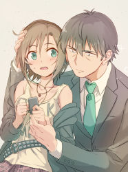 Rule 34 | 10s, 1boy, 1girl, bare shoulders, belt, black hair, blush, brown hair, clothes writing, digital media player, formal, green eyes, hand on another&#039;s head, headphones, idolmaster, idolmaster cinderella girls, looking at another, necktie, open mouth, producer (idolmaster), producer (idolmaster cinderella girls anime), short hair, skirt, suit, sumi (tkzk525), sweatdrop, tada riina, tank top