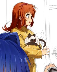 Rule 34 | 1girl, animal, brown hair, cat, commentary, cowboy shot, from side, hairband, holding, holding animal, holding cat, kanon, long sleeves, looking afar, medium hair, mogege gk, open mouth, pajamas, piro, profile, red eyes, red hairband, simple background, sketch, smile, solo, standing, tsukimiya ayu, white background, yellow pajamas