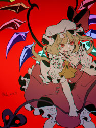 Rule 34 | 1girl, ascot, back bow, blood, blood on face, blood on hands, bow, brown hair, closed mouth, collared shirt, commentary request, crystal, flandre scarlet, flying, frills, grey bow, grey hat, grey shirt, hair between eyes, hand up, hat, hat ribbon, jewelry, laevatein (touhou), light brown hair, looking to the side, mob cap, multicolored wings, one-hour drawing challenge, one side up, polearm, puffy short sleeves, puffy sleeves, raya (uk 0128), red background, red eyes, red ribbon, red skirt, red vest, ribbon, shirt, short hair, short sleeves, simple background, skirt, solo, spear, tongue, tongue out, touhou, twitter username, vest, weapon, wings, wrist cuffs, yellow ascot