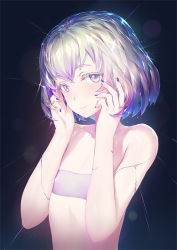 Rule 34 | androgynous, bare arms, bare shoulders, black background, blue nails, blush, closed mouth, collarbone, cracked skin, diamond (houseki no kuni), flat chest, gender request, hands on own cheeks, hands on own face, houseki no kuni, lens flare, looking at viewer, nail polish, silver hair, simple background, smile, solo, strapless, tube top, upper body, zimajiang