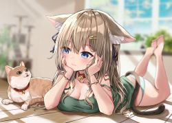 Rule 34 | 1girl, akino ell, animal, animal ear fluff, animal ears, bare shoulders, barefoot, bell, blue eyes, blurry, breasts, brown hair, camisole, cat, cat ears, cat girl, cat tail, cleavage, collar, depth of field, floppy ears, green shirt, hair ornament, hair ribbon, hairclip, head rest, highres, indoors, jingle bell, legs up, long hair, looking at animal, lying, medium breasts, nail polish, no pants, on stomach, original, panties, ribbon, shirt, sleeveless, sleeveless shirt, smile, solo, strap slip, string panties, striped clothes, striped panties, tail, underwear, underwear only