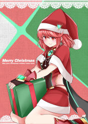 Rule 34 | 1girl, alternate costume, breasts, christmas, gem, gift, hat, highres, jewelry, large breasts, looking at viewer, nintendo, pyra (xenoblade), red eyes, red hair, santa costume, santa hat, sarasadou dan, skirt, smile, solo, xenoblade chronicles (series), xenoblade chronicles 2