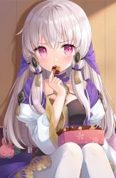 Rule 34 | 1girl, blush, book, bookshelf, breasts, checkerboard cookie, collarbone, commentary request, cookie, detached collar, dress, eating, fire emblem, fire emblem: three houses, food, hair between eyes, highres, holding, holding food, indoors, long hair, long sleeves, looking at viewer, lysithea von ordelia, moorina, nintendo, open mouth, pink eyes, sitting, small breasts, solo, stuffed animal, stuffed rabbit, stuffed toy, veil, white hair, white legwear, wide sleeves
