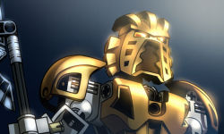 Rule 34 | armor, bionicle, gold armor, highres, holding, holding staff, humanoid robot, jazz jack, lego, mask, no humans, robot, science fiction, staff, takanuva (bionicle), the lego group, toy, upper body
