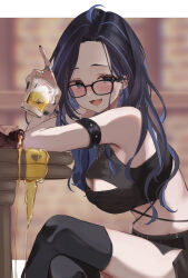 Rule 34 | 1girl, absurdres, black-framed eyewear, black hair, black nails, black shirt, black shorts, black thighhighs, blue eyes, blue hair, blush, breasts, cleavage, cleavage cutout, clothing cutout, crossed legs, cup, glasses, highres, holding, holding cup, kson, large breasts, looking at viewer, mole, mole under eye, multicolored hair, nail polish, nekoi (nekoi 0116), open mouth, shirt, shorts, smile, streaked hair, thighhighs, virtual youtuber, vshojo