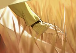 Rule 34 | 1girl, black wristband, blurry, blurry background, close-up, fingernails, green sweater, hand focus, highres, idolmaster, idolmaster shiny colors, out of frame, shawl, sleeves past wrists, solo, sweater, tanaka mamimi, wheat, wheat field, white shawl, zhili xingzou