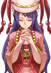 Rule 34 | 1girl, aosora2823, blue hair, blush, closed eyes, closed mouth, commentary, fingernails, hat, highres, interlocked fingers, jacket, long hair, long sleeves, maya (one piece), one piece, one piece: the cursed holy sword, own hands together, pink jacket, praying, simple background, smile, solo, white background, white hat