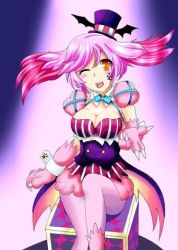 Rule 34 | 10s, bat wings, breasts, cardfight!! vanguard, cleavage, corset, gloves, looking at viewer, lowres, midnight bunny, orange eyes, pale moon, pantyhose, paw gloves, pink hair, puffy sleeves, wings, wrist cuffs